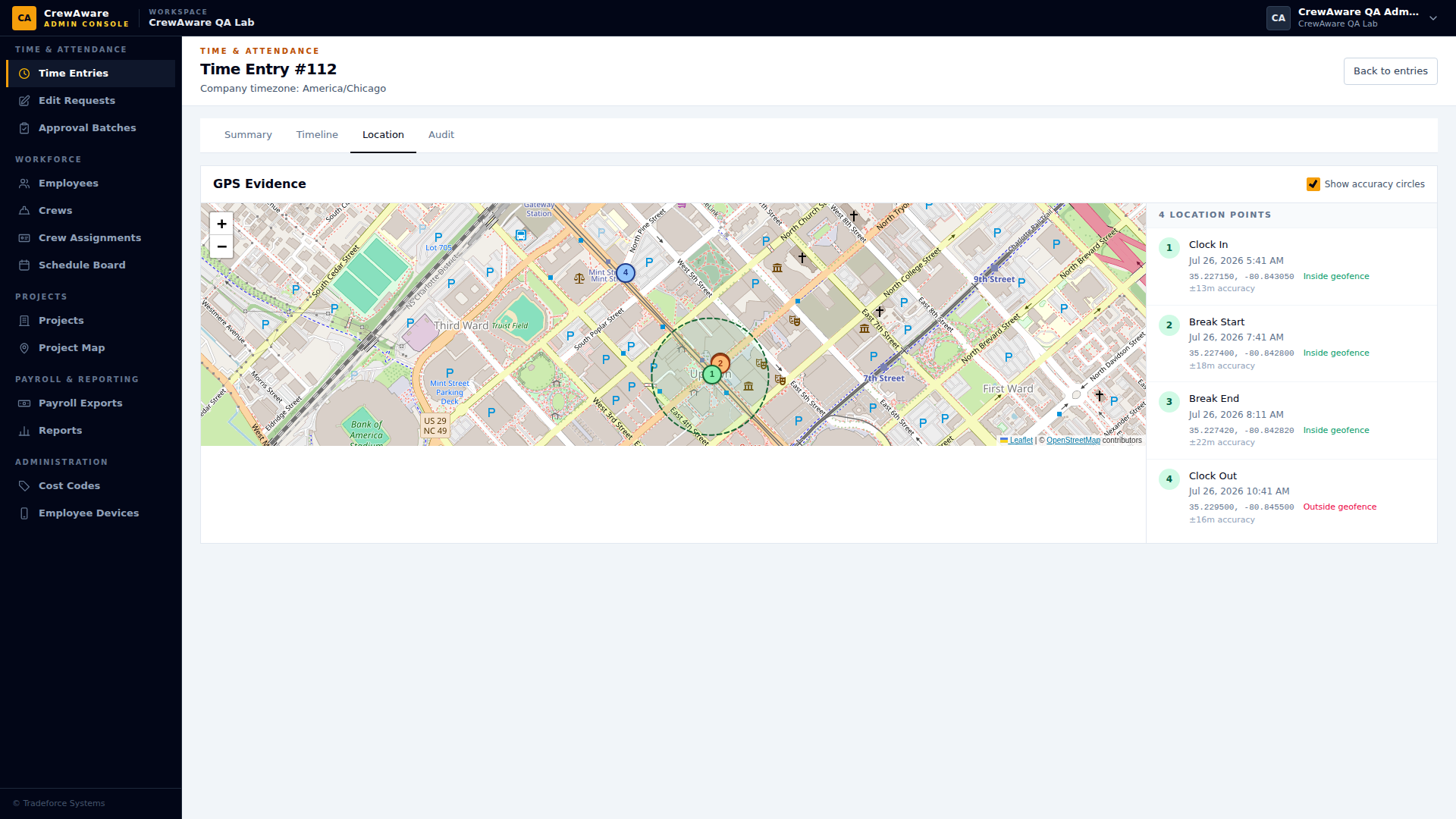The CrewAware admin console showing a time entry's Location tab: a street map with four numbered punch points, accuracy circles and a dashed project geofence, beside a list of clock and break events each marked inside or outside the geofence.