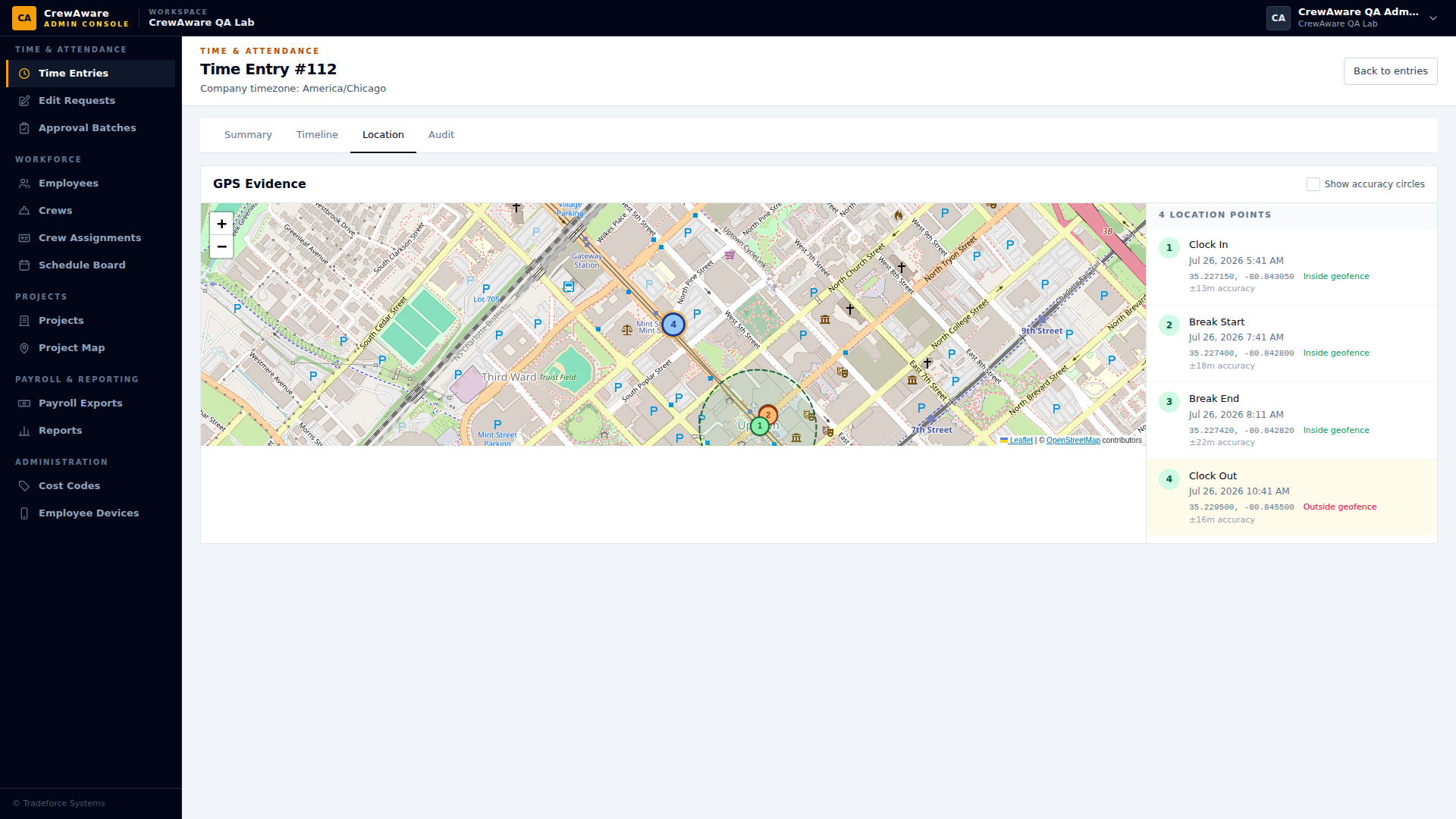 The CrewAware admin console showing a time entry's Location tab with a clock-out point flagged as outside the project geofence, highlighted in the list of location points beside the map.